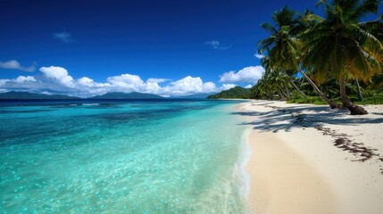 Fototapeta premium Tropical Island Beach, turquoise water, palm trees, and distant mountains. Ideal for vacation, travel, or relaxation imagery