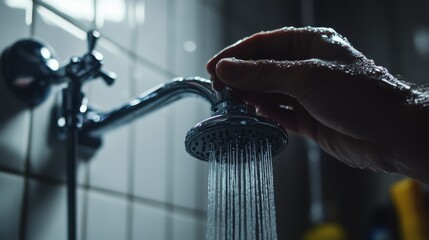 Plumber installing a showerhead in a bathroom. Featuring skill and attention to detail
