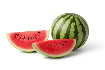Whole watermelon with two juicy red slices, isolated on a white background