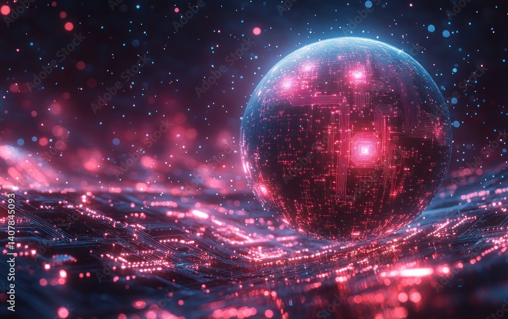 Poster futuristic digital circuit sphere with glowing orbits in cyberpunk style