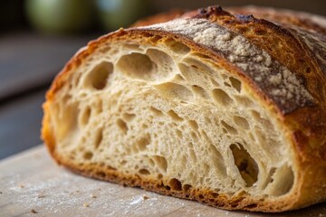 Ultra Close Macro Shot of Artisan Sourdough Bread Crumb with Open Crumb Structure, Golden Brown Crust, and Airy Pockets - generated by ai