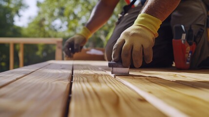 Hispanic carpenter building a custom wooden deck. Featuring carpentry and outdoor construction