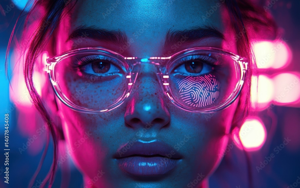 Poster futuristic digital forensic biometric analysis of face with fingerprint pattern and high-tech interf