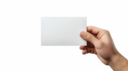Obraz premium Male Hand Holding A Blank White Card Against A White Backdrop In A Studio Setting