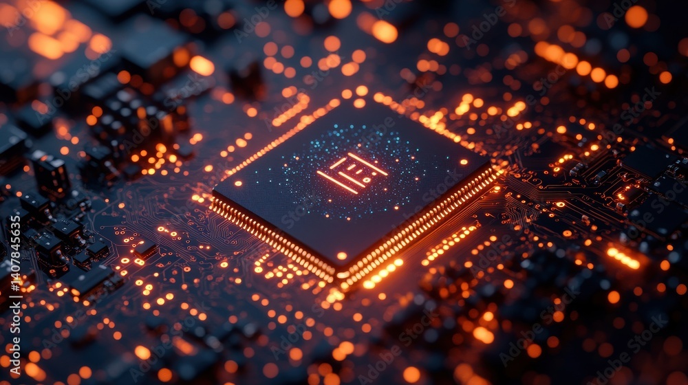 Poster ai semiconductor chip with neon effect on a tech circuit background rendered in glowing lines with a blue and purple color palette symbolizing dvanced artificial intelligence and technology