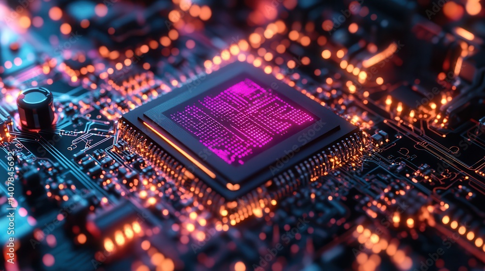 Poster ai semiconductor chip with neon effect on a tech circuit background rendered in glowing lines with a blue and purple color palette symbolizing dvanced artificial intelligence and technology