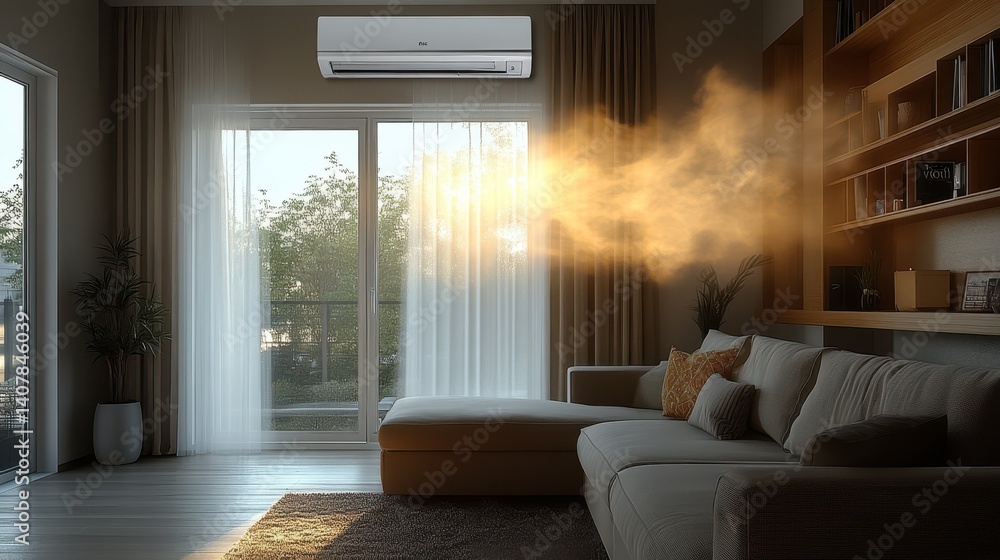 Poster air conditioner and wind or air flow to show cool and fresh ac indoor unit or evaporator and wall mo