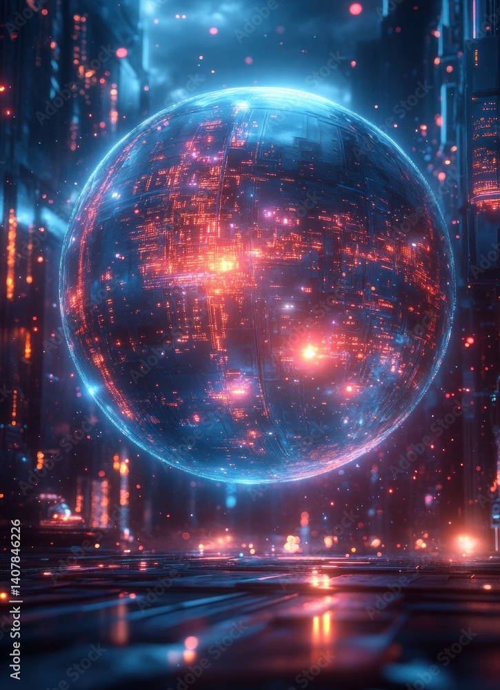 Aufkleber futuristic science technology concept with digital sphere and atomic structure in cyberpunk style