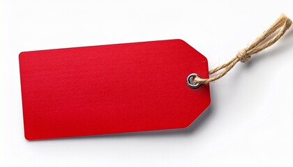 red hanging price tag with string isolated white background