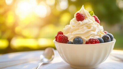 Delicious bowl of whipped cream topped with fresh raspberries and blueberries, served outdoors in the warm sunlight, creating a refreshing summer dessert experience.
