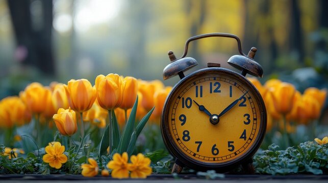 alarm clock with yellow tulip flowers switch to daylight saving time in spring summer time changeover,photo stock