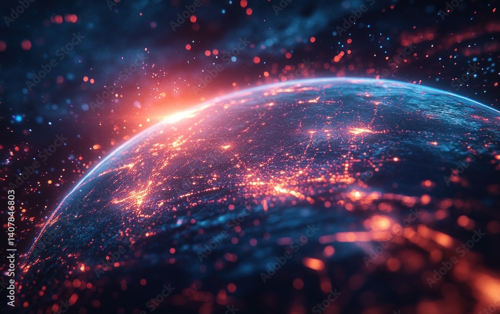 Poster futuristic digital globe with neon trails and atomic structure in cyberpunk art style