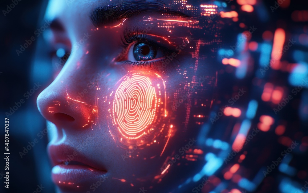 Poster biometric analysis of facial recognition with fingerprint pattern in futuristic digital forensics