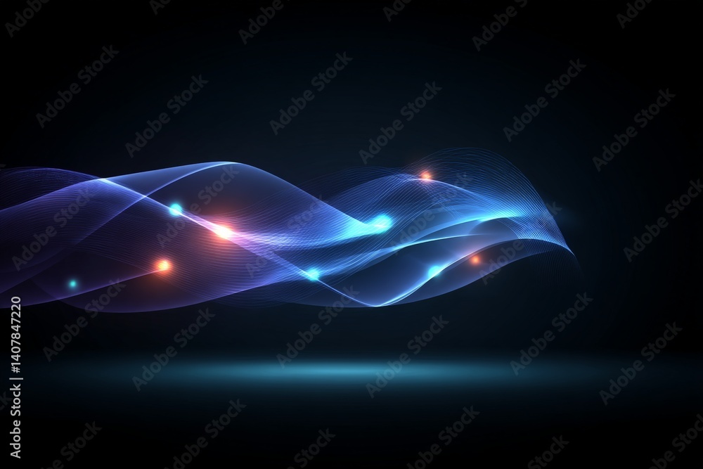 Poster colorful light waves and glowing dots create a mesmerizing abstract illumination in a dark environme