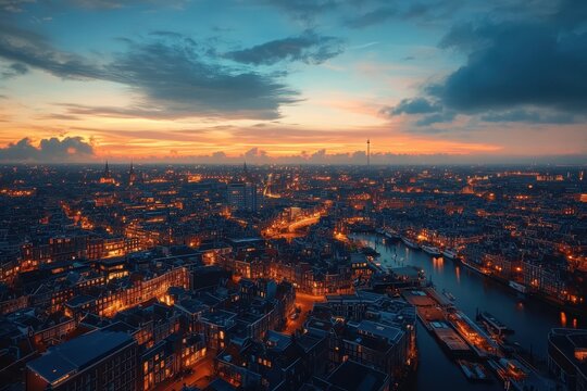 Fototapeta Urban View. Aerial Cityscape at Blue Hour in Leiden, Netherlands with Stunning Sunset Skyline