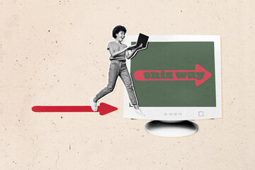 Contemporary art collage of happy businesswoman stand pc monitor freelancer development career this...