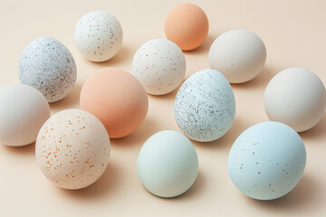 Modern minimalist Easter eggs in soft pastel tones, styled on a neutral flat-lay background. group of eggs