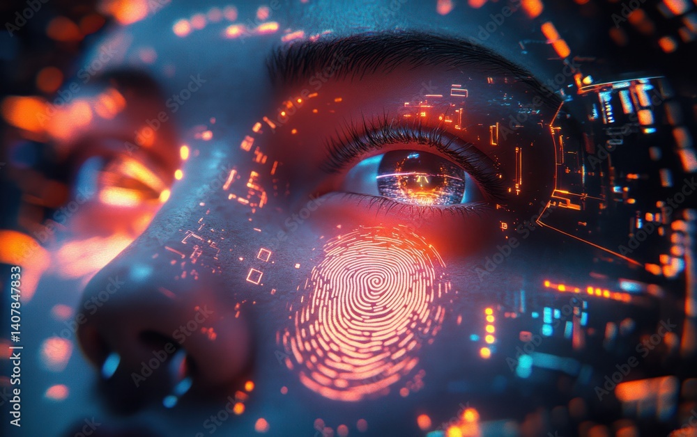 Aufkleber futuristic digital forensics and biometric authentication interface with fingerprint pattern and fac