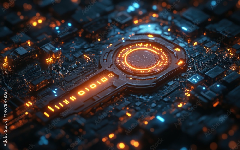 Poster futuristic cyberpunk digital key encryption circuit with neon lights and connections