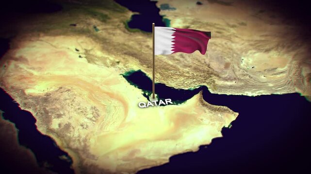 The Flag of Qatar on the World Map, Qatar map with flag 3d animation