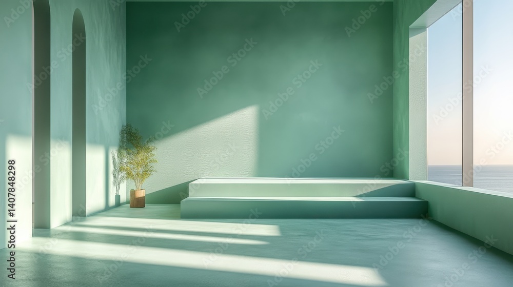 Poster an empty green studio room with an abstract green gradient ideal for showcasing products as a backgr