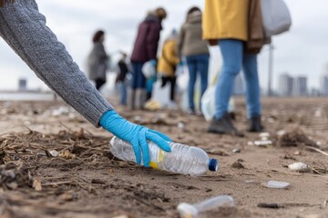 Volunteer picking up plastic bottle on polluted beach during cleanup