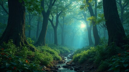 Fototapeta premium The light and shadow of the streams in the tranquil forest