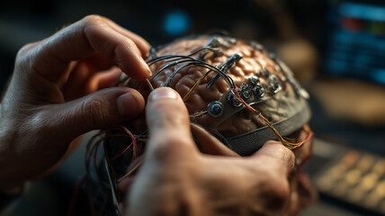 Hands adjusting neural interface cables connected to skull cap, workstation in background