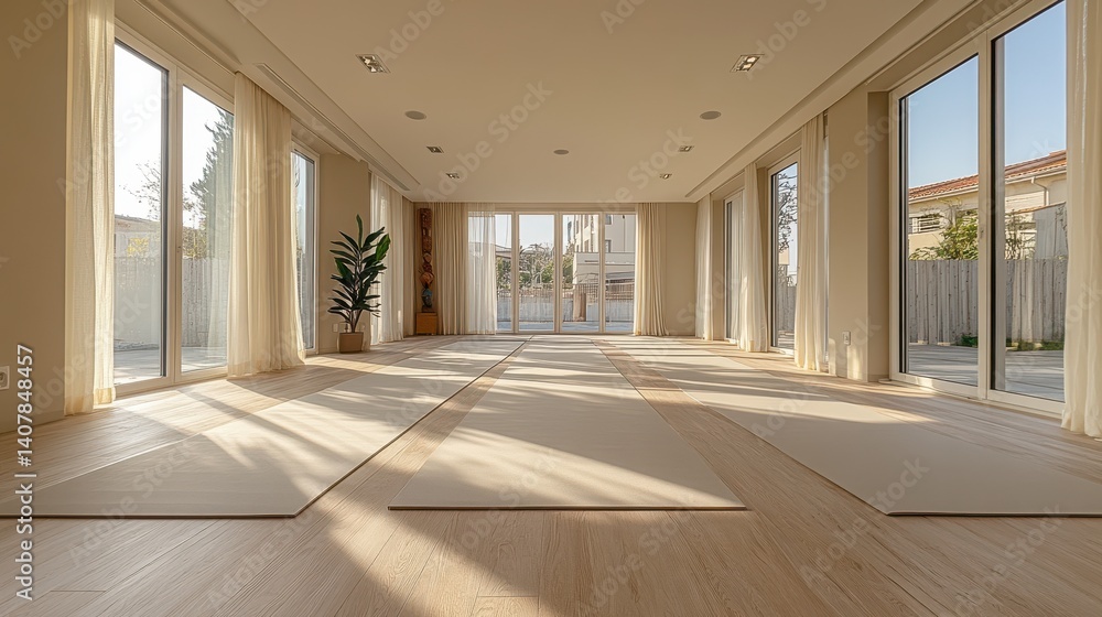 Poster an empty modern yoga room with pilates flooring and mats featuring a large window and a spacious interior creating a serene and inviting atmosphere for relaxation and exercise