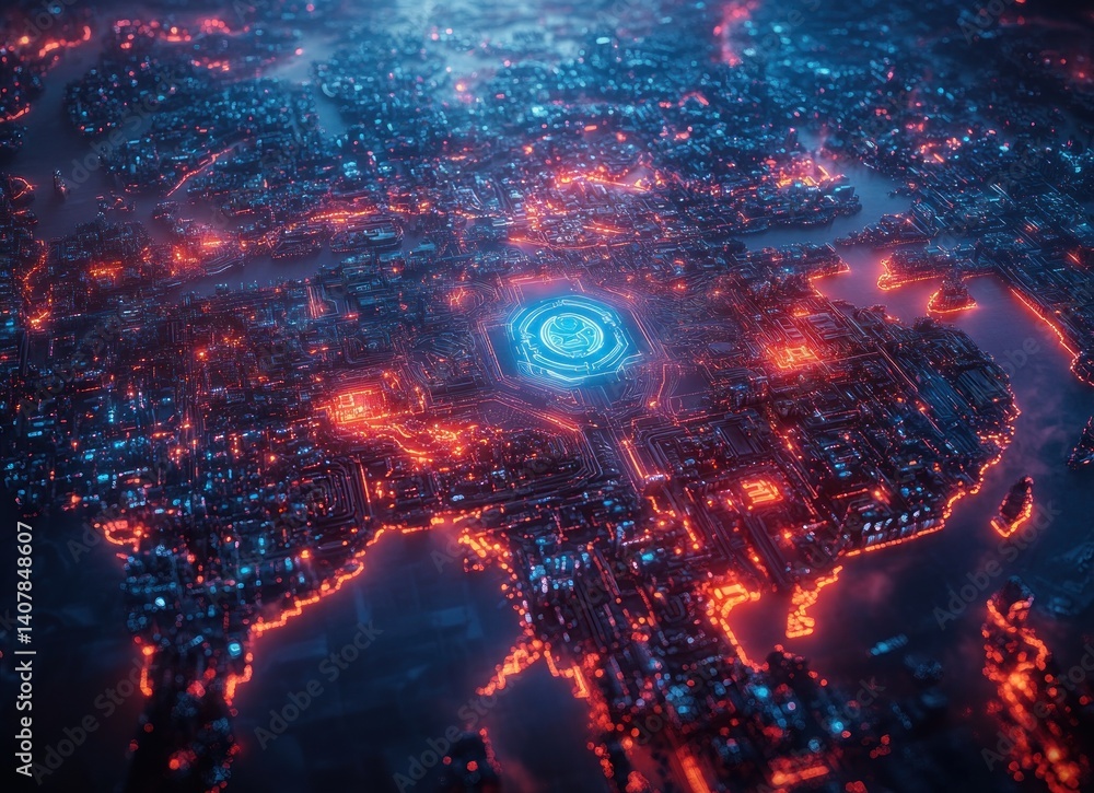 Poster futuristic digital map of china with neon circuit patterns and high-tech emblem