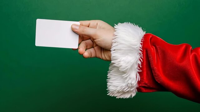 Santa Claus Hand Holding White Credit Card Isolated On Dark Green Emerald Background. Close Up. Christmas Gifts Buying. White Gloved Hand with Plastic Gift Card MockUp. Advertisement gesture.