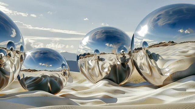 Abstract sculpture with mirrored spheres, distorting reality and perception in a three-dimensional space