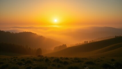 Early summer morning landscape with rolling hills covered in soft mist. Golden rays of sunlight pierce through the fog, creating a peaceful and uplifting rural scene. Perfect for themes of nature, tra