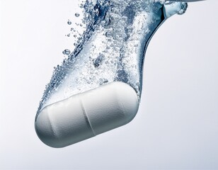 close up of a white pill dissolving in liquid with dynamic bubbles in a white background