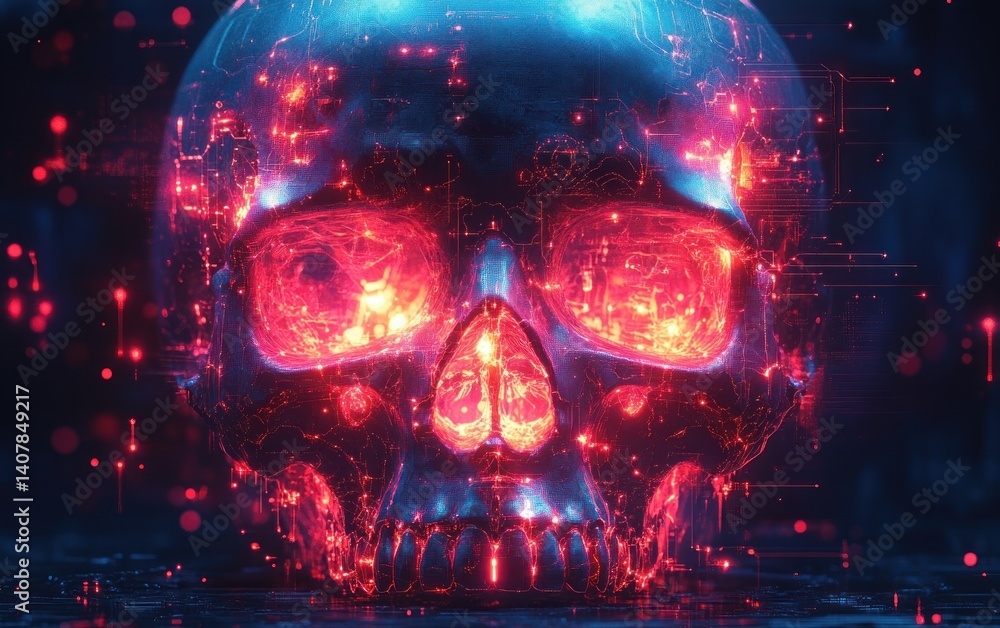 Aufkleber futuristic biometric face recognition system with digital skull and holographic interface in cyberpu