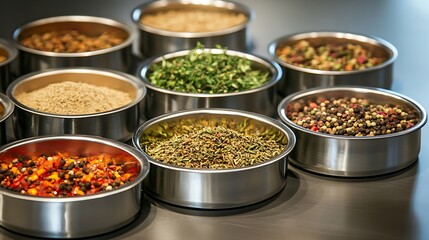 Fototapeta premium Herbs and spices in metal bowls