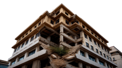 Dilapidated Urban Structure: A stark, low-angle perspective presents an aging building, its exposed concrete and vacant windows telling a story of abandonment and decay.