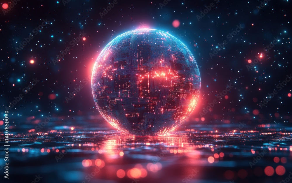 Poster futuristic digital circuit sphere with glowing orbits in cyberpunk style and neon lighting