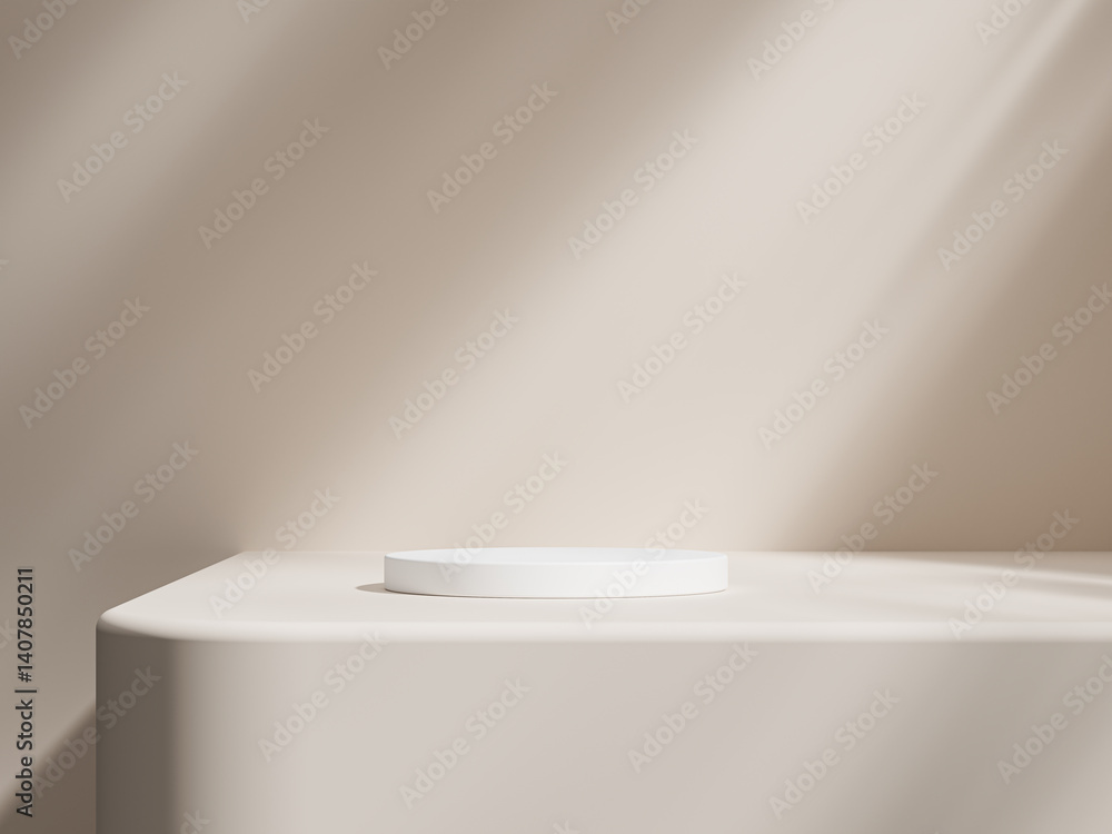 Aufkleber minimalistic podium with white round base and soft tree shadow casting on light beige wall.