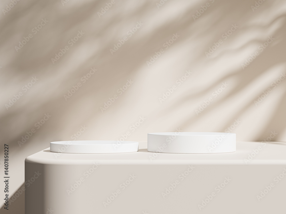 Poster two white circular podiums with subtle shadows from a tree on a smooth light beige surface.