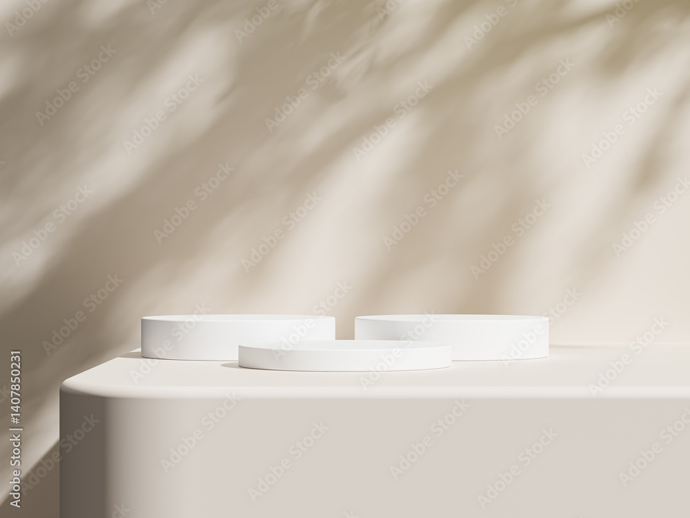 Poster trio of white circular podiums, illuminated by soft light with tree shadows in the background.