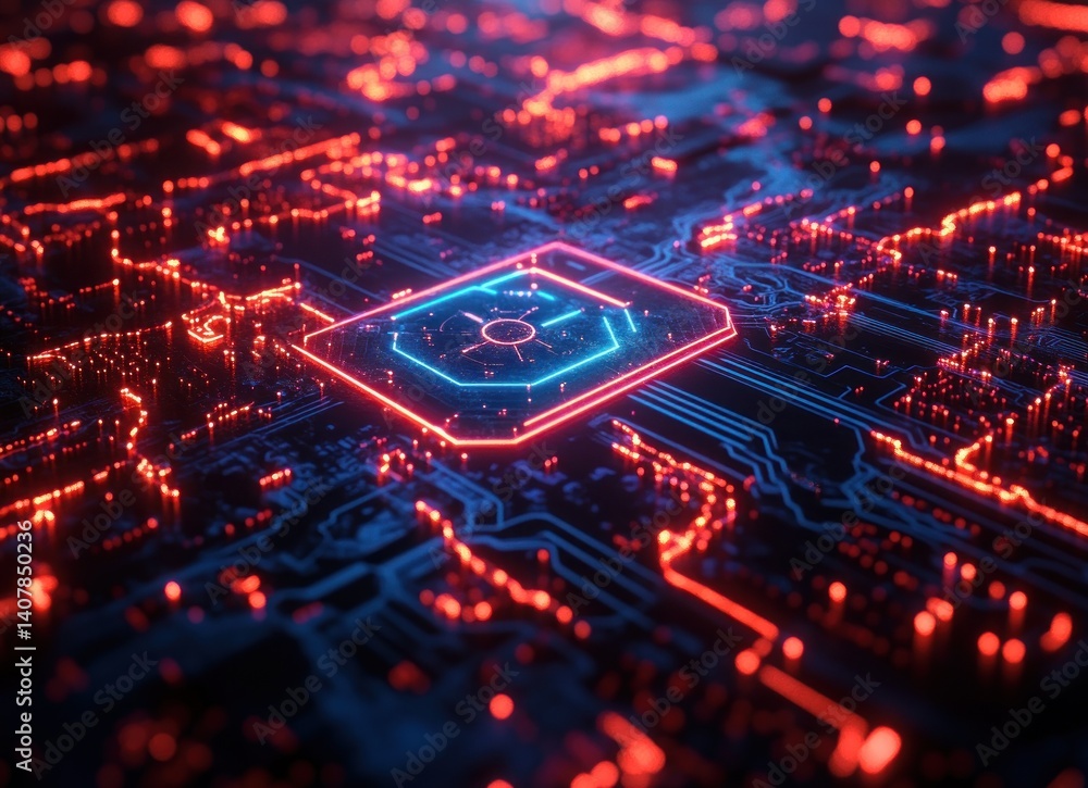 Poster futuristic digital map of china with neon circuit patterns and high-tech emblem