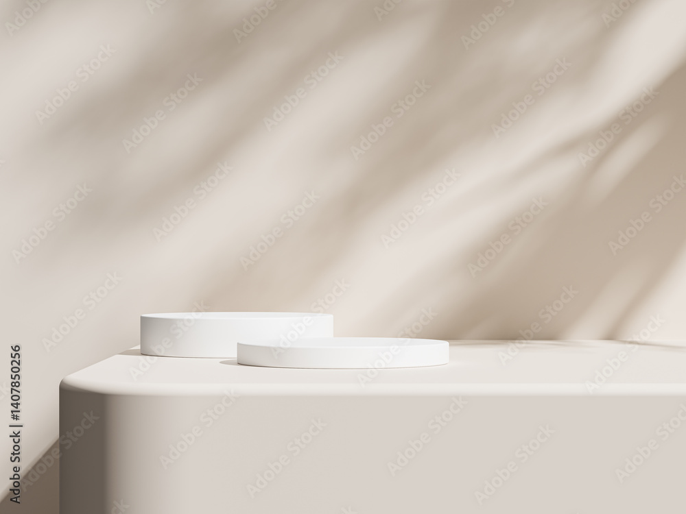 Poster white round podiums in varying sizes with gentle shadows of a tree on a clean beige surface.