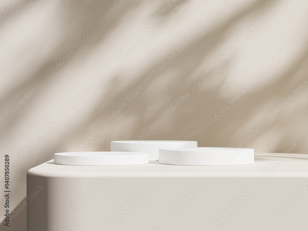 Poster close up view of white podiums casting long shadows, creating a serene and minimalistic atmosphere.
