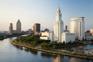 Obraz premium 3D Illustration of White City Buildings on River Island. tilt shift view - generatde by ai