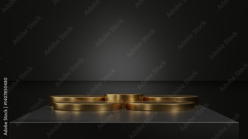 Aufkleber golden podiums arranged in a triangular shape on a black table with dramatic lighting.