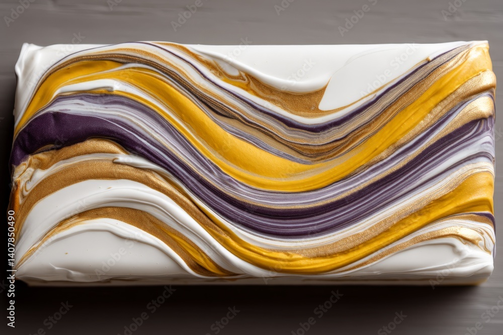 Poster swirling patterns of gold, purple, and white create an artistic display on a smooth surface in a ser
