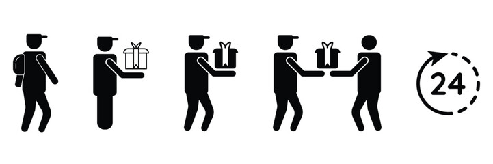 Delivery icon set. Black product, gift, shipping at certain time to the customer, delivery worker symbols vector illustration.