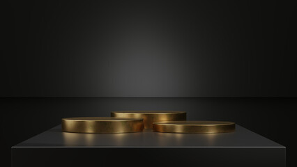 Three gold podiums placed together on a minimalist black table.