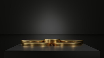 Golden podiums arranged in a triangular shape on a black table with dramatic lighting.